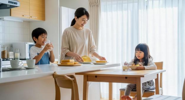 母と子供2人が食卓にいる朝食シーン 母と子供2人が食卓にいる朝食シーンの写真