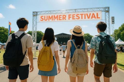 夏フェスに向かう若者たち 夏フェスに向かう若者たちの写真