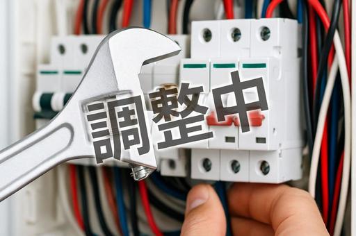 配電盤と調整中の文字・点検中・設備保守 配電盤と調整中の文字・点検中・設備保守の写真