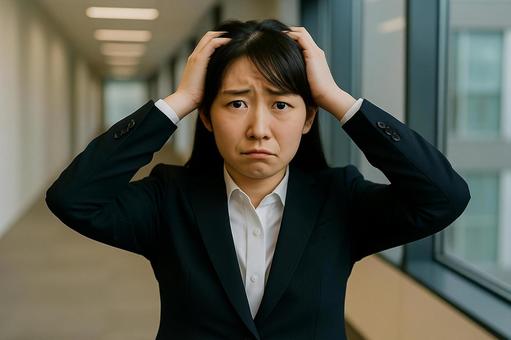 頭を抱える女性社員 頭を抱える女性社員の写真