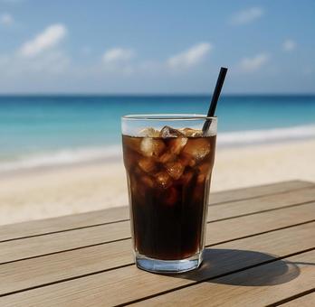 夏のビーチとアイスコーヒー 夏のビーチとアイスコーヒーの写真