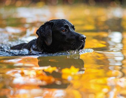 紅葉の湖で水浴び 紅葉の湖で水浴びの写真