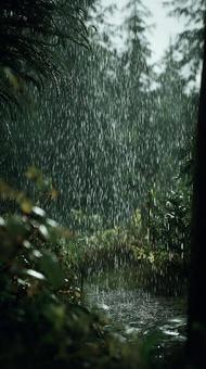 森林に降り注ぐ雨のクローズアップ 森林に降り注ぐ雨のクローズアップの写真