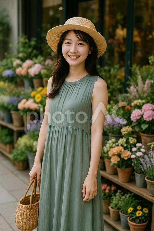 花屋の前の微笑む女性 女性,花屋,夏の写真素材
