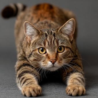 木のベンチで伸びをする、リラックスした猫の写真