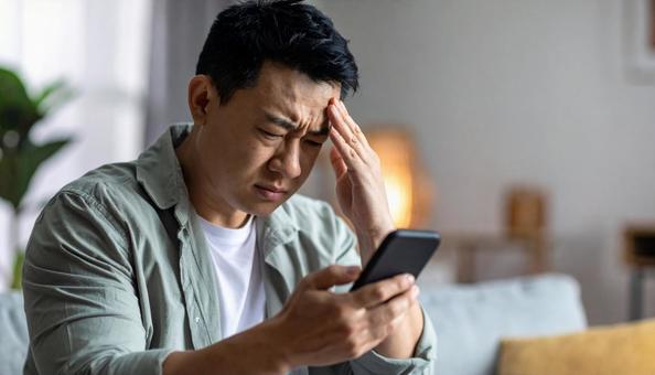 スマホを見て困惑した表情の若い日本人男性 スマホを見て困惑した表情の若い日本人男性の写真