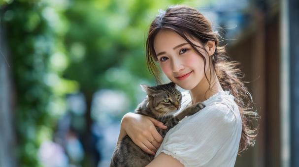 猫を抱く女性 猫を抱く女性の写真