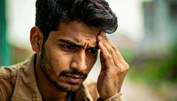 頭を抱えて悩む外国人男性 頭を抱えて悩む外国人男性の写真