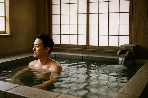 温泉でくつろぐ男性 温泉でくつろぐ男性の写真