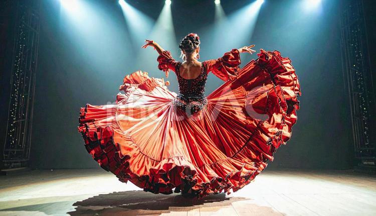 舞台で踊る赤いドレスを着た美しいカルメン 伝統舞踊,ステップ,スペインの写真素材