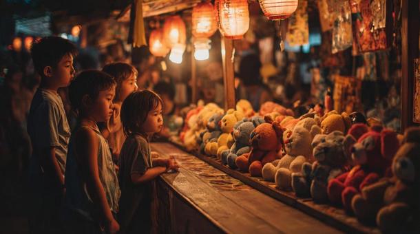 夏の夜の縁日と射的屋 夏の夜の縁日と射的屋の写真