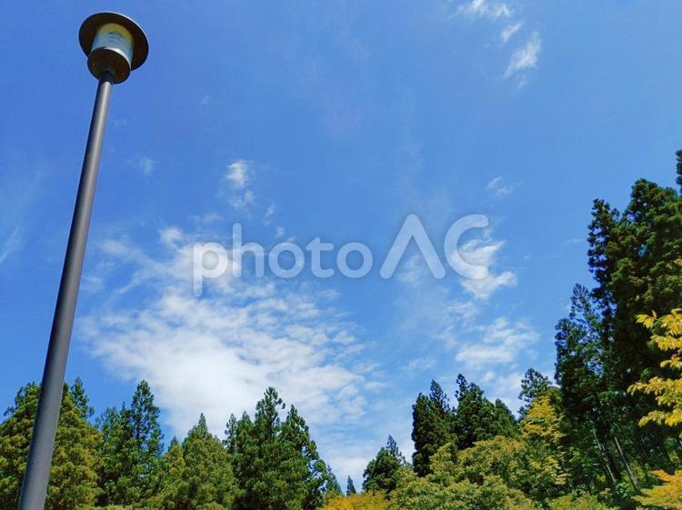 青空と電灯と森と…③ 電灯,山,広場の写真素材
