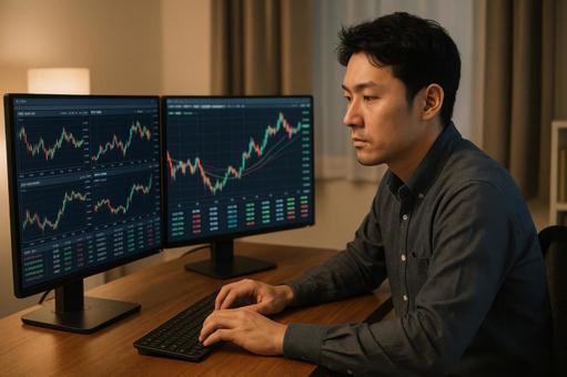 モニターで株価チェック中のトレーダー モニターで株価チェック中のトレーダーの写真
