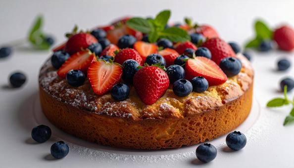 イチゴとブルーベリーとミントを載せたパン イチゴとブルーベリーとミントを載せたパンの写真