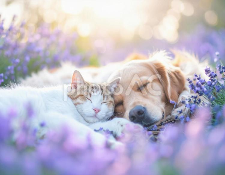ラベンダー畑で眠る犬と猫 犬,動物,猫の写真素材