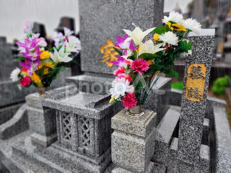 お墓参り　雨の墓 墓参り,雨,雨滴の写真素材