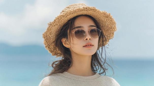 麦わら帽子とサングラスの女性の写真