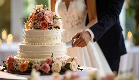 ケーキ入刀する新郎新婦 ケーキ入刀する新郎新婦の写真