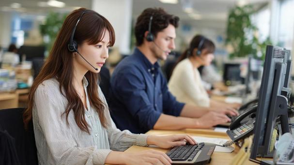 ヘッドセットを装着して働く日本人スタッフの写真