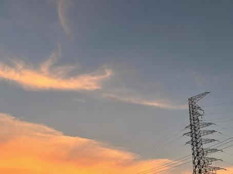 Sunset sky and steel tower, JPG
