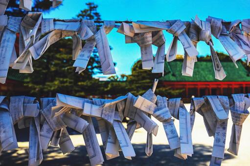 神社で縁を結ぶ。結ばれたおみくじ 神社,おみくじ,結びの写真素材