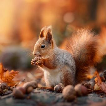 秋の森でドングリを食べる可愛いリス 秋の森でドングリを食べる可愛いリスの写真