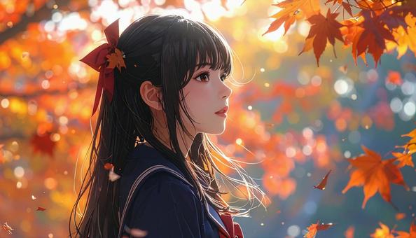 紅葉を眺める美少女の写真