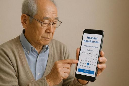 スマホで病院のオンライン予約をする高齢者 スマホで病院のオンライン予約をする高齢者の写真