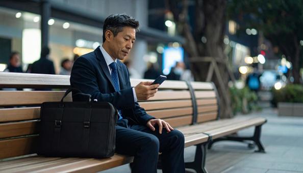 夜ベンチに座るビジネスマン(スマホ使用) 夜ベンチに座るビジネスマン(スマホ使用)の写真