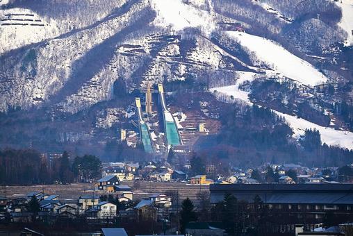 白馬村の景色 白馬村,雪山,ジャンプ台の写真素材