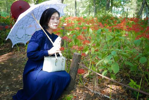 40:彼岸花を静かに眺める女性 40:彼岸花を静かに眺める女性 彼岸花,ミステリアス,悲しげの写真素材