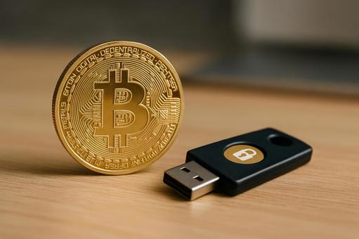 ビットコインとセキュリティキーの写真