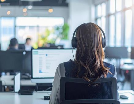 コールセンターで働く女性の後ろ姿の写真