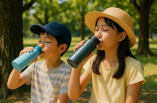 水分補給するこども 水分補給するこどもの写真