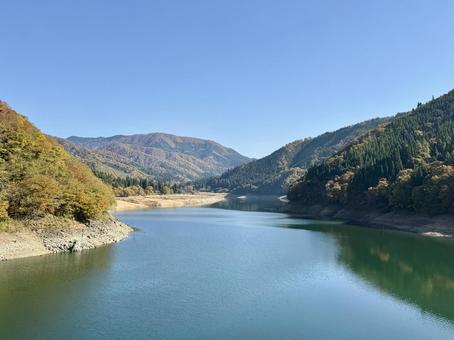 秋晴れの九頭竜湖　紅葉の山肌 九頭竜川,夢のかけはし,吊り橋の写真素材