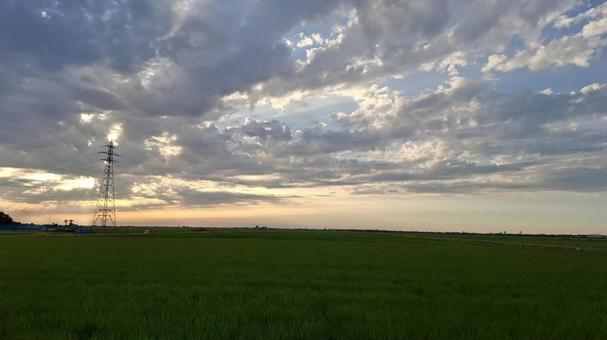 夕焼け空と田園風景と鉄塔 夕焼け空と田園風景と鉄塔 夕焼け空,鉄塔,曇天の写真素材