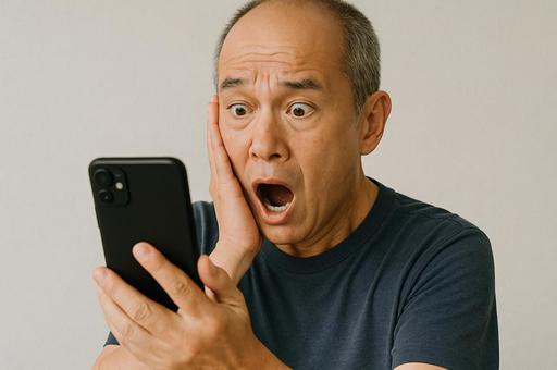 スマホを見て驚いている男性 スマホを見て驚いている男性の写真