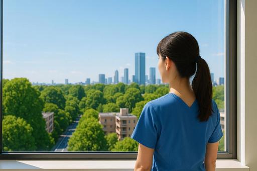 窓辺から外を眺める女性の写真