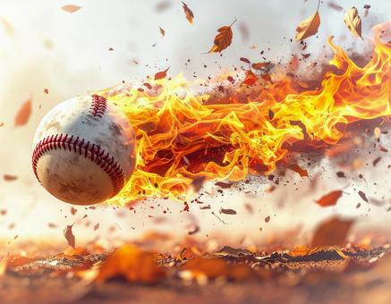 剛速球で炎をまとって飛ぶ野球ボールの写真
