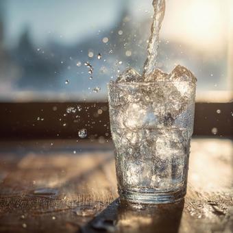 氷の入ったグラスに冷たい水を注ぐ瞬間 氷の入ったグラスに冷たい水を注ぐ瞬間の写真