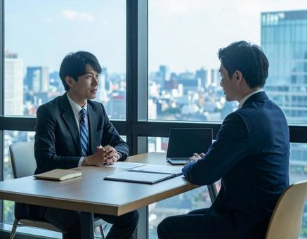 ビジネスシーン・都心のオフィスで契約交渉 ビジネスシーン・都心のオフィスで契約交渉の写真