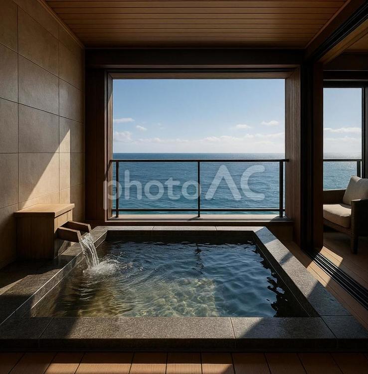海が見える露天風呂付き客室の旅館 露天風呂,旅館,海の写真素材
