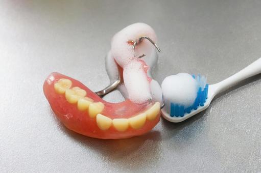 部分入れ歯の手入れ_05 入れ歯,部分入れ歯,歯ブラシの写真素材