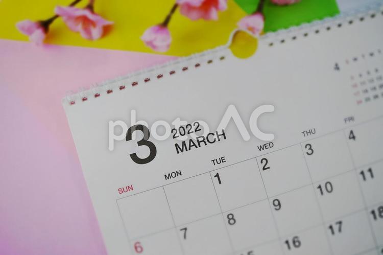2022年3月のカレンダー、桃の花と春のカラー 3月,カレンダー,2022の写真素材