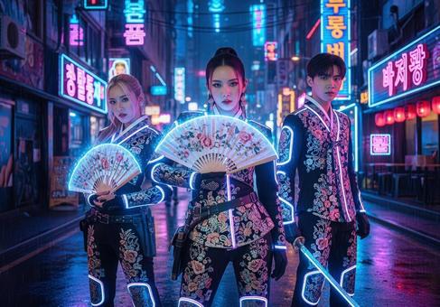 近未来的な韓服風衣装を着た3人グループ 近未来的な韓服風衣装を着た3人グループの写真
