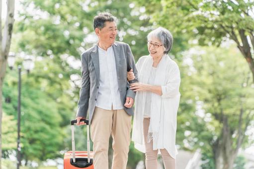 スーツケースを持って旅行する高齢者夫婦 高齢者,旅行,散歩の写真素材