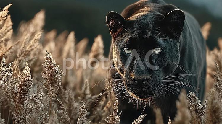 黄金の畑に佇む黒い影 クロヒョウ,パンサー,黒豹の写真素材