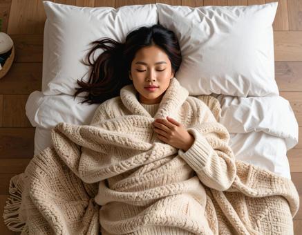 体を温めて眠る女性 体を温めて眠る女性の写真