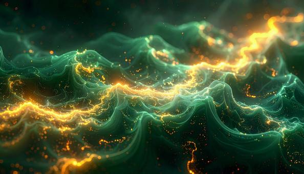 流れる緑の光と金の粒子の写真