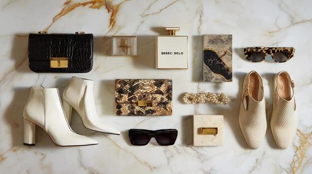 大理石床にファッション小物が並ぶの写真